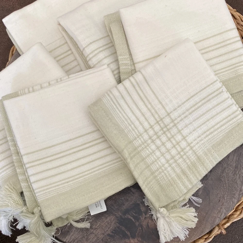 6 Pc tasseled Napkin Set 20x20 Natural variegated striped boho chic NEW